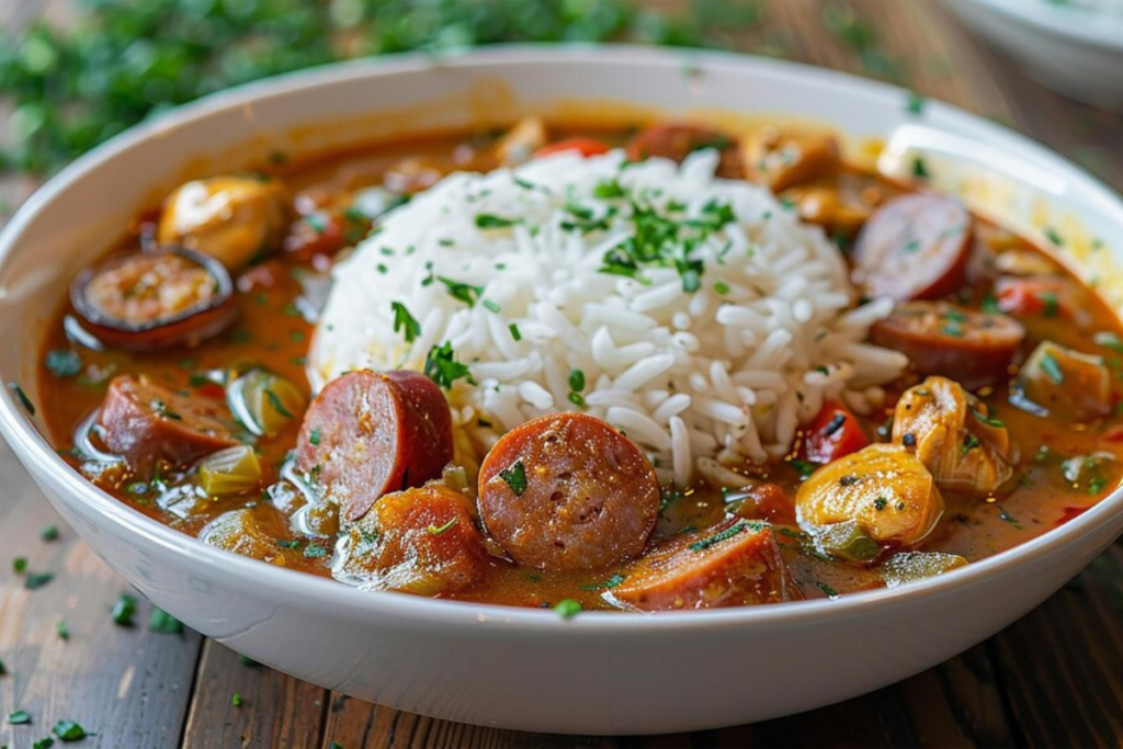 What is chicken and sausage gumbo made of ?